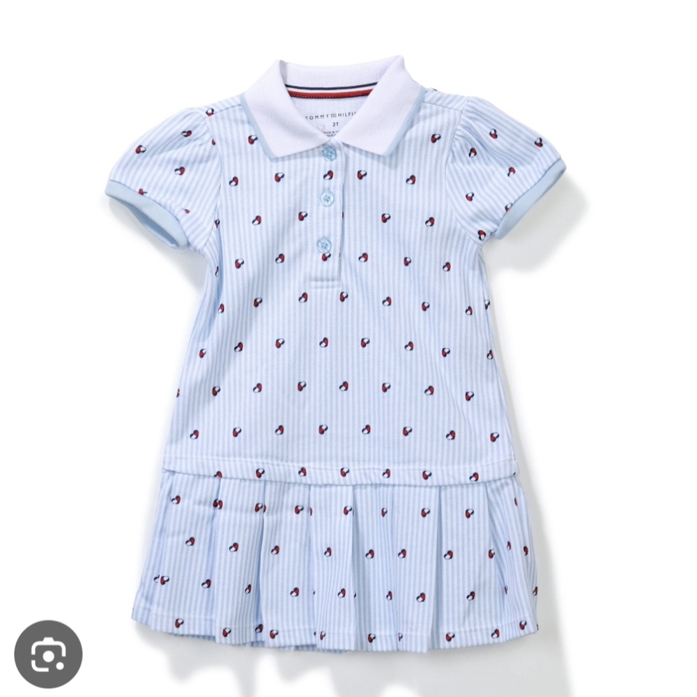 Tommy Hilfiger Light Blue & White Striped Polo Dress with Red Heart Motif